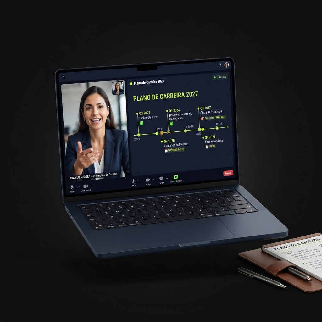 Mockup de uma call individual de estratégia em notebook com roadmap de carreira