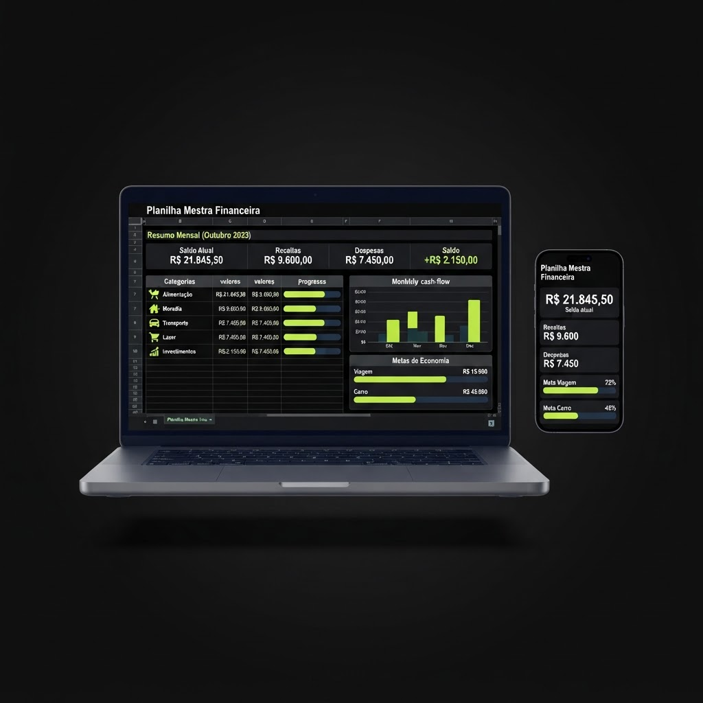 Mockup da Planilha Mestra Financeira em notebook e celular com dashboard financeiro